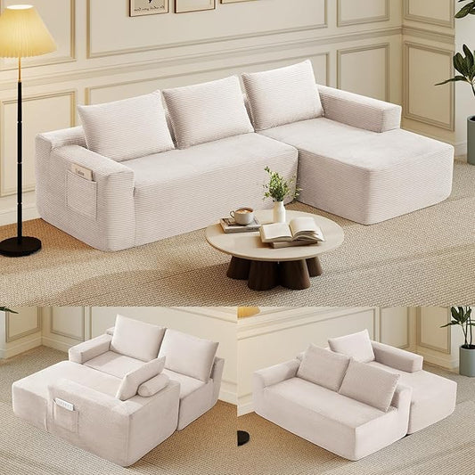 Rovibek 97” Couches for Living Room Modular Sectional Sofa with Chaise &amp Deep Seat Comfy Corduroy Boneless Couch No Assembly Required White