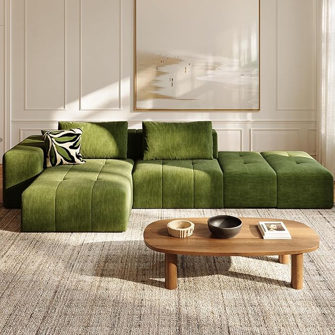 141 Cloud Sectional Couch for Living Room Oversize Boneless Modular Sectional Sofa with Deep Seat L Shaped Modern Cloud Sleeper Sofa Bed with Chaise Green
