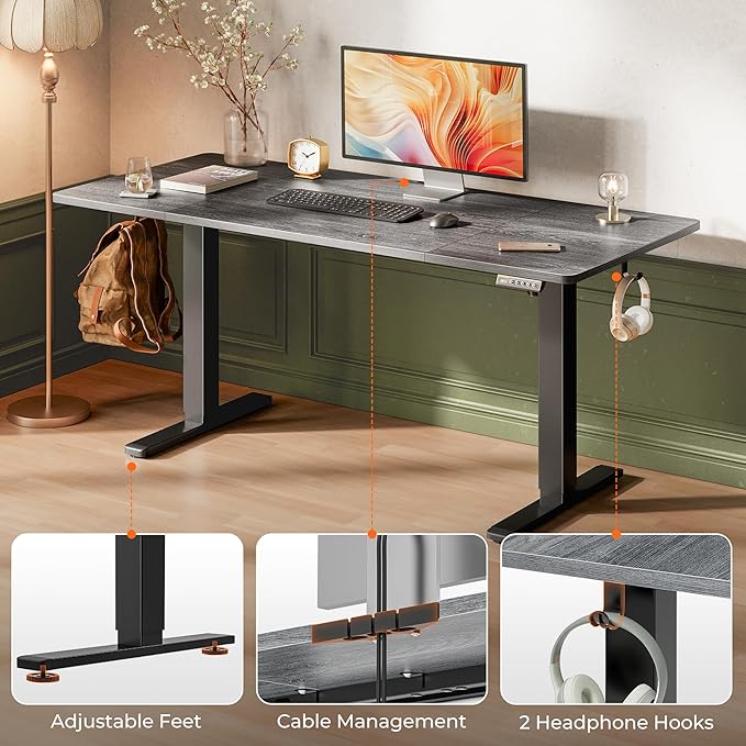 Huuger 63 x 28 Large Electric Standing Desk Height Adjustable Computer Desk 27.6 Deep Desktop Stand up Gaming Office Table with 2 Hooks 3 Preset Heights for Home Office Grey