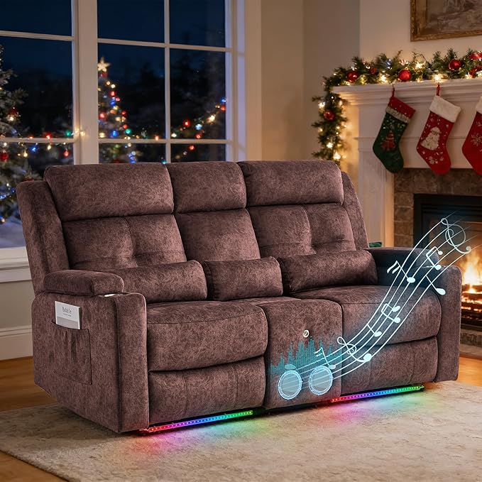 Power Reclining Loveseat with Flip Backrest Power Loveseat Recliner Sofa with LED Lights Bluetooth Speaker 3-Seater Recliner Sofa with Arm/Seat Storage (Brown Loveseat with Console)