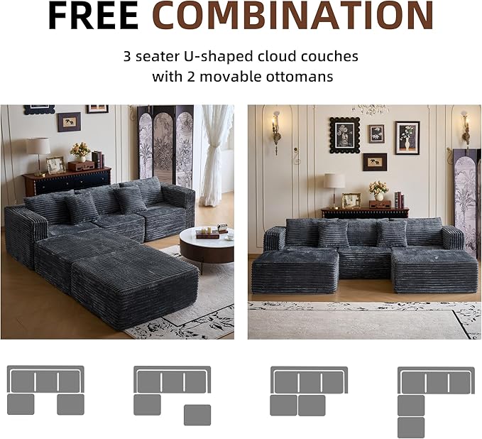 110 Modular Sectional Couch with 2 Movable Ottoman Cloud Sofa Couches for Living Room U Shaped Deep Seat Boneless SofaLuxury Corduroy Fabric No Assembly Required Grey
