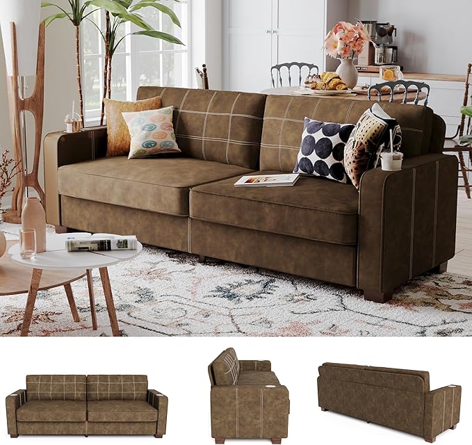 80 Inch Brown Faux Leather Sofa Couch - Wide Armrests with 2 Built-in Cup Holders Contrast Stitching Oversized Leather Love Seat Couches for Living Room Bedroom Apartment
