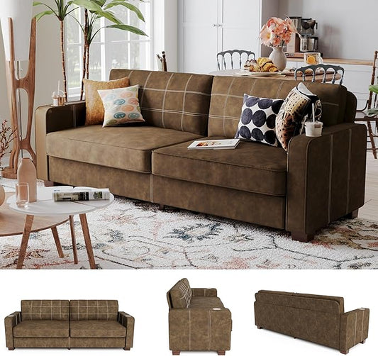 80 Inch Brown Faux Leather Sofa Couch - Wide Armrests with 2 Built-in Cup Holders Contrast Stitching Oversized Leather Love Seat Couches for Living Room Bedroom Apartment