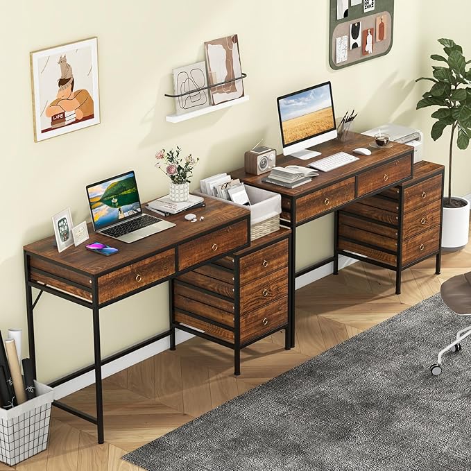Tangkula Computer Desk with 5 Drawers 51 Home Office Desk with Printer Stand Metal Frame Study Writing Table Industrial Computer Workstation PC Desk for Bedroom Office Small Space Rustic Brown
