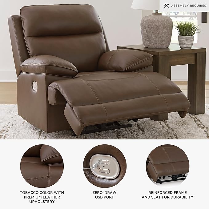 Signature Design by Ashley VonRyan Modern Leather Upholstered Power Recliner with Adjustable Headrest and USB Port Dark Brown