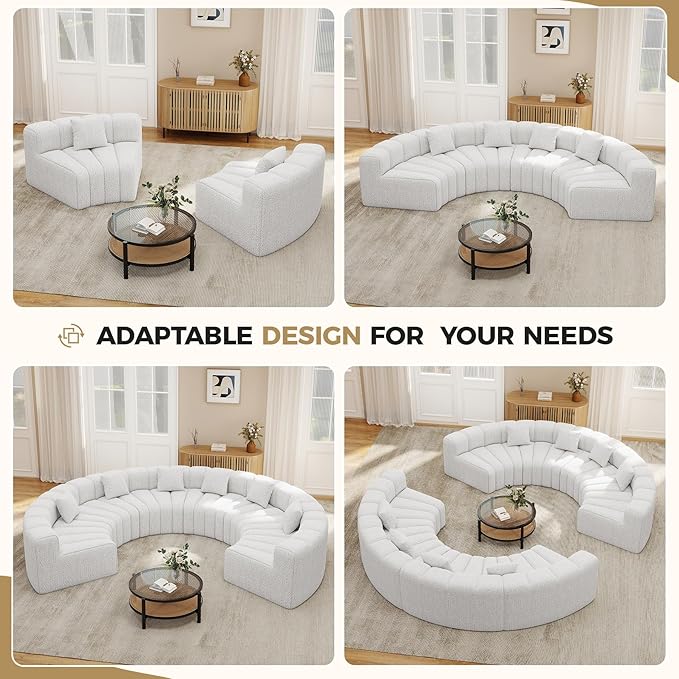 Oversized Curved Sofa 4 Seater Modular Velvet Cloud Couch Modern Boneless Sectional Couches for Living Room No Assembly Required White 1PC