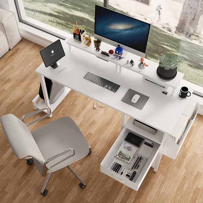 47.3 Office Desk with Power Outlet2 Monitor Stands2 DrawersSide PocketEasy to Assemblee Stability Reversibleuse for Home Desk Computer Desk Game TableWhite SF457