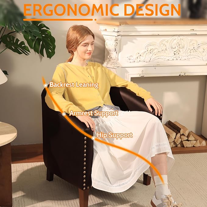 PrimeZone Barrel Chair Comfy Accent Chair Faux Leather Living Room Chairs Club Chairs with Cushion Nailhead Trim and Diamond Mesh Backrest Reading Chairs for Bedroom Waiting Room 4PCS Brown