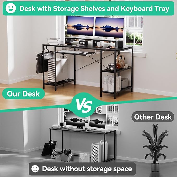 Workstation Desk with Keyboard Tray 55 Inch Computer Desk with Storage Shelves Monitor Stands and 4 Iron Hooks Industrial Desk for Home Office