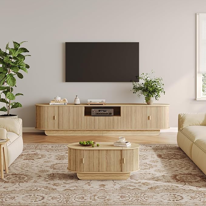 Fluted TV Stand and Coffee Table Set of 286.61'' TV Console for 55-85 InchModern Entertainment Center with Large Storage CabinetLift Top Coffee Table for Living Room Bedroom Natural