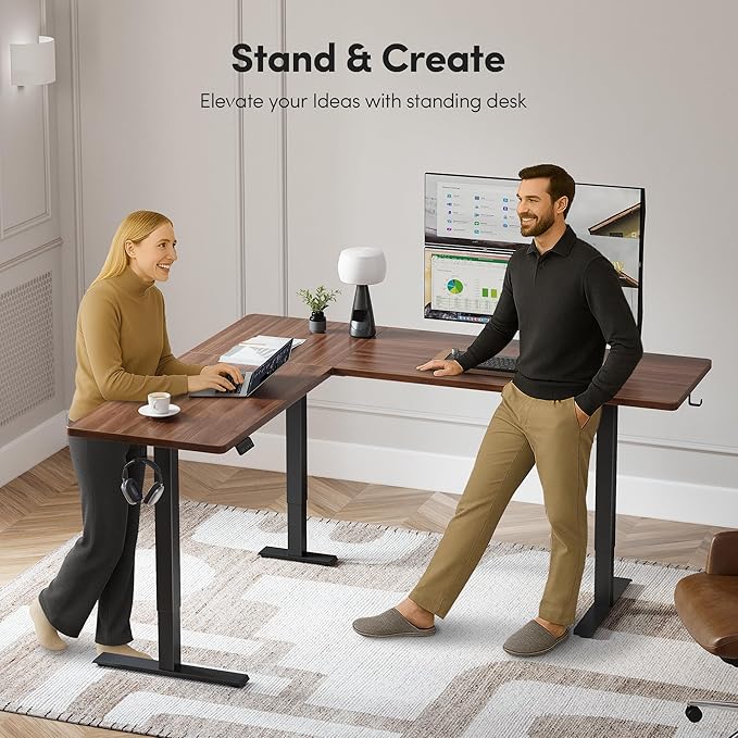CubiCubi L Shaped Standing Desk 75 x 63 Inch Adjustable Height Electric Corner Desk Sit Stand Home Office Desk with Splice Board Black Walnut(2 Packages