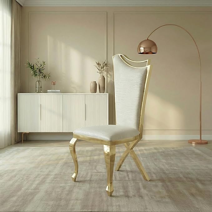 Luxrious Dining Chairs Set of 2 PU Leather Accent Chairs with Shiny Golden Stainless Steel Legs &amp Cushion SeatModern Kitchen Chairs White with High Back for Living Room Meeting Room Dining Room