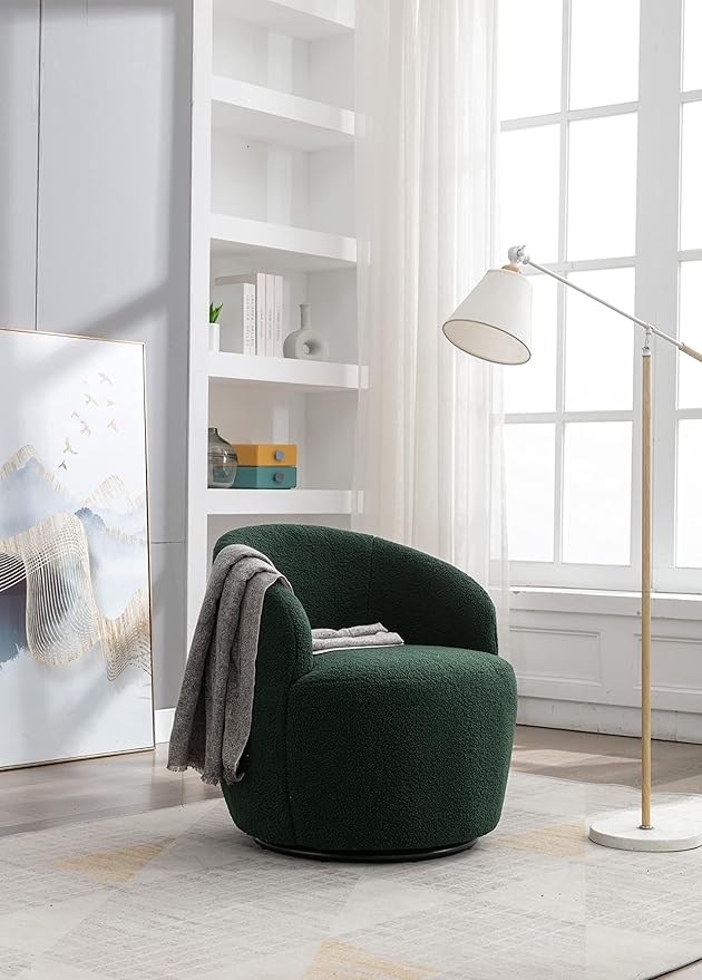 Swivel Accent Chair 360 Degree Round Swivel Barrel Chair Dressing Chair for Living Room Modern Upholstered Accent Armchairs with Metal Base Teddy Swivel Chair for Bedroom Office (Dark Green)