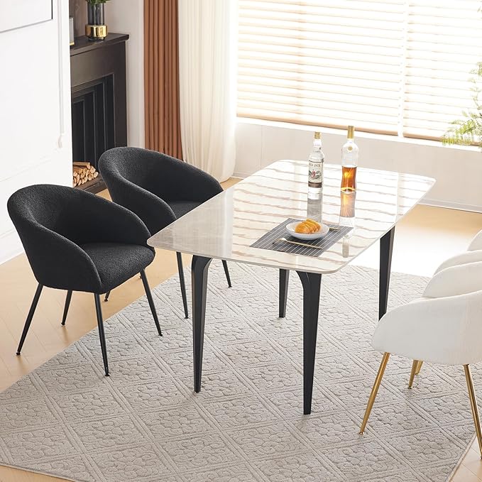 Modern Small Accent Chair Comfy Sherpa Makeup Vanity Chair with Metal Legs Decorative Chair no Wheels for Living Room Dressing Room Bedroom Black