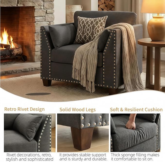 Dreamzie Modern Linen Accent Chair Upholstered Armchair with Nailhead Trim &amp 3 Throw Pillows Single Sofa Reading Chair for Living Room &amp Bedroom Solid Wood Legs (Light Gray)
