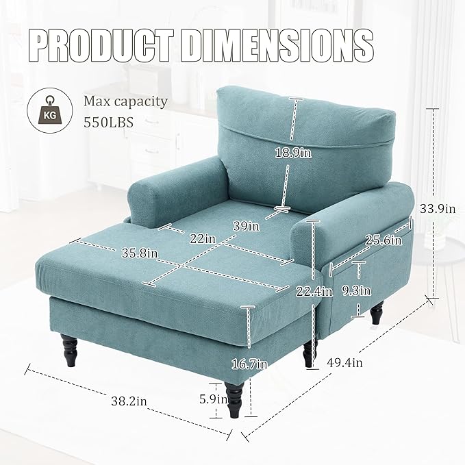 KEIKI Chaise Lounge Chair Indoor Oversized Accent Chenille Armchair with Storage Leisure Sleeper Single Sofa Side Chair Corner Recliner Arm Chairs for Living Room Reading Easy Assembly Mint Green