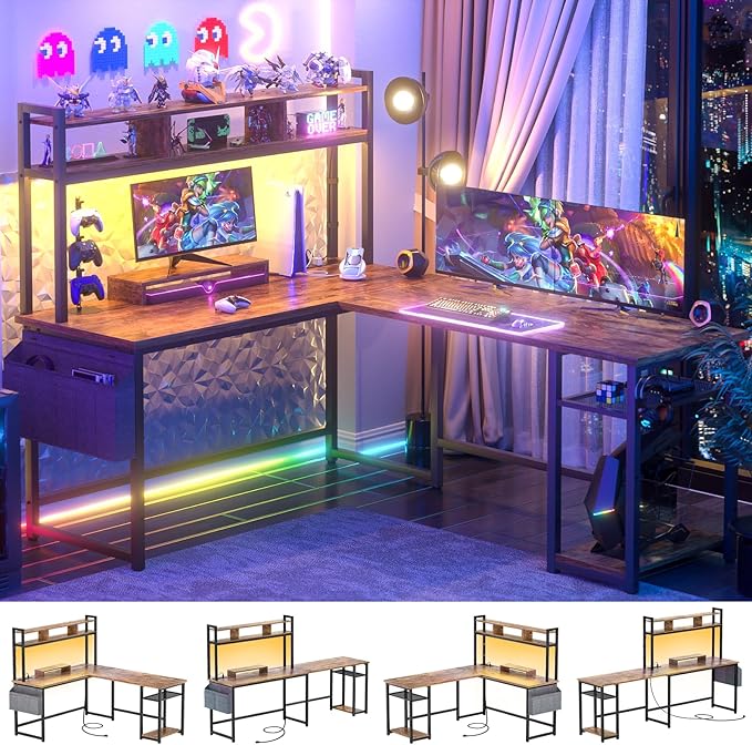 Aheaplus L Shaped Gaming Desk 59 Reversible Gaming Desk with Power Outlet and Led Lights L Shaped Computer Desk with Storage Shelves &amp Monitor Stand Home Office Desk L Shaped Desk Rustic Brow