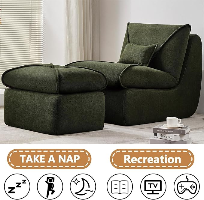 29” Oversized Lazy Sofa Chair and Ottoman Set Chaise Lounge Chair Indoor with Pillows Comfy Reading Couch for Adults Suitable for Living Room Small Spaces Memory Foam Chenille (Green-1)