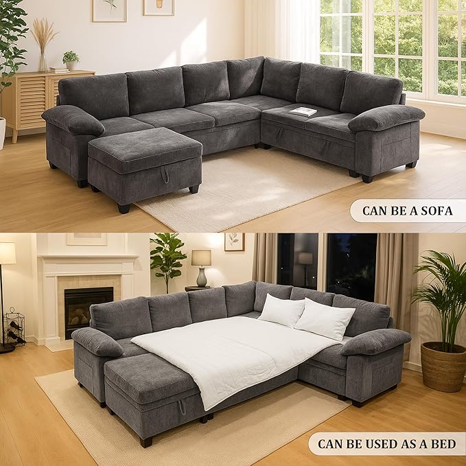 108 Inch Sectional Sleeper L Shaped Sofa with Pull Out Bed 7 Seat Modular Sectional Sofa with Storage Modern Chenille Cloud Couch Sectional Couches for Living Room Gray