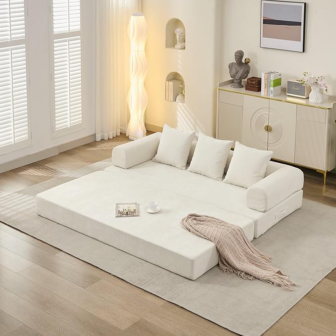 Convertible Folding Sofa Bed Modular Floor Couch 78.8‘’ Cloud Sleeper Sofa with Removable Backrest Chenille Foldable Mattress Couch Lazy Loveseat for Small Space Apartment Bedroom Beige
