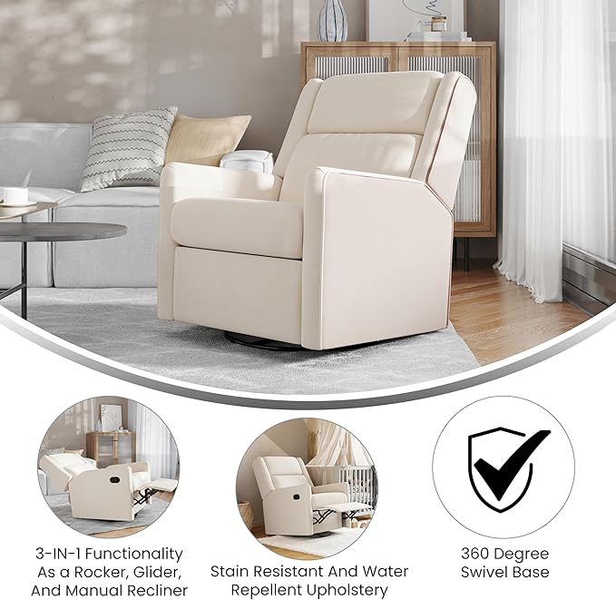 Flash Furniture Cash Swivel Glider Rocking Recliner Manual Recliner with 360 Degree Swivel for Living Room Bedroom or Nursery Fabric Upholstered Cream