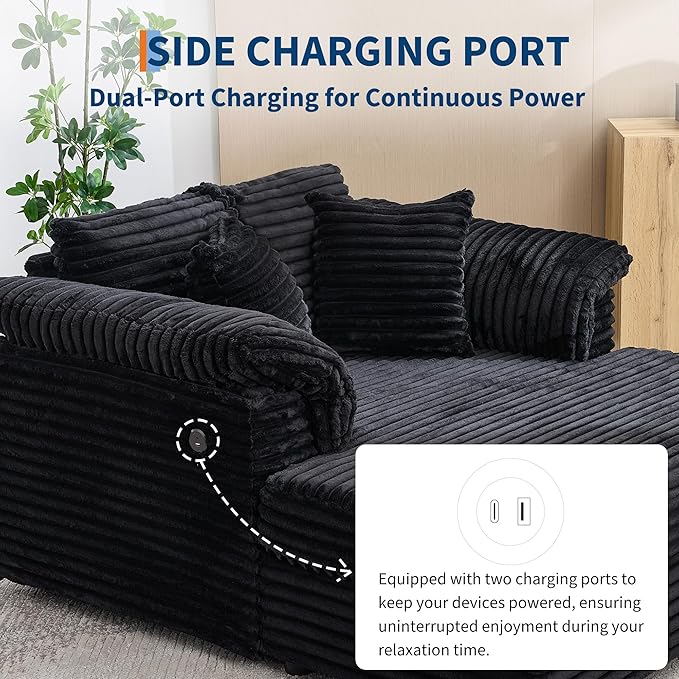 Oversized Chaise Lounge Chair Indoor Upholstered Sofa Bed with Throw Pillows and Armrests Comfy Corduroy Sleeper Couch with Cup Holders and Charging Port for Living Room Bedroom 60 Inch Wide Black
