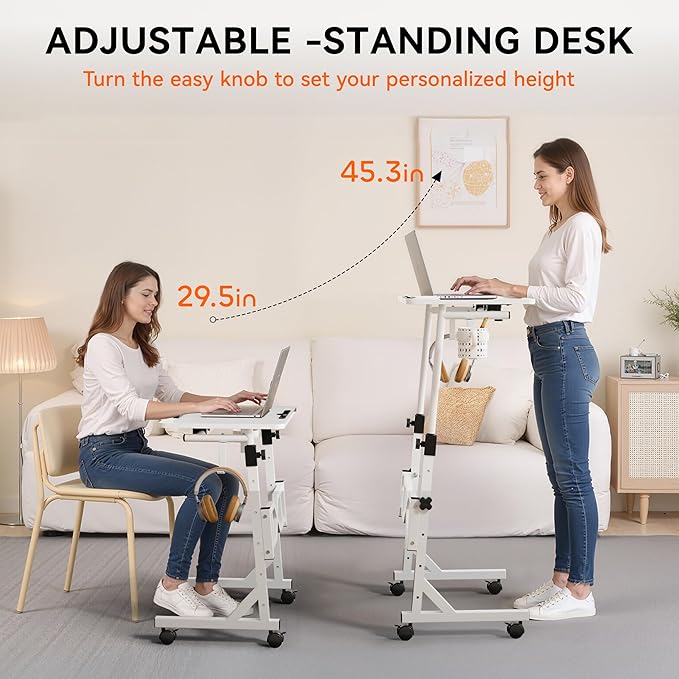 Small Standing Desk with Wheels 29.5-45.3 Inch Adjustable Height Portable Treadmill Desk Rolling Computer Table for Walking Pad with a Cup Holder and a Hook