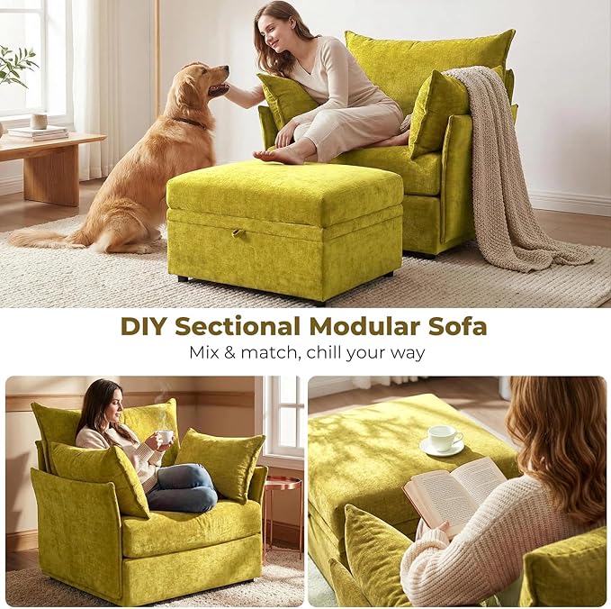 ABCASA Oversized Accent Chair Set of 2 Upholstered Modern Living Room Chair 24.5 Deep Seat Reading Chair Yellow Mid-Century Pet-Friendly Removable Backrest Cover Comfy Chenille Bedroom Armchair