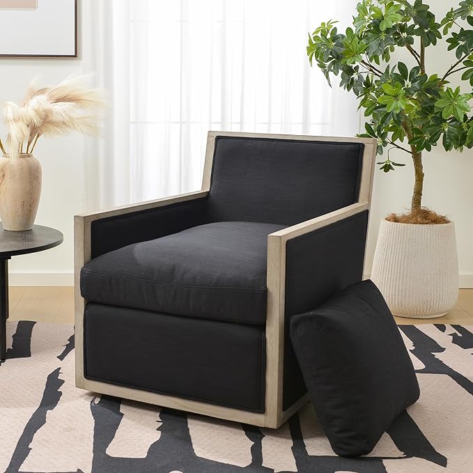 KINWELL 27 Wide Oak Wood Frame Performance Fabric Swivel Armchair No Assembly Down Fill Upholstered Swivel Barrel Chair with Removable Pillow Back for Living Room Bedroom (Black)