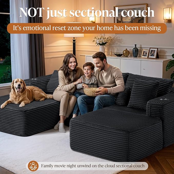 108 Cloud Modular Sectional Couch Modern Boneless Couches with Deep Seat U Shaped Sofa for Living Room No Assembly Required Plush Corduroy (Black 2 Seater+Left Facing Chaise+Ottoman)
