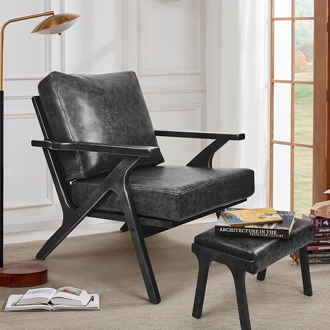 Mid-Century Modern Accent Chairs with 1 pcs Ottoman PU Leather Fabric Thicker Upholstered Armchair for Bedroom Living Room Black