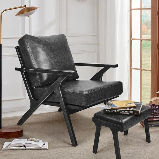 Mid-Century Modern Accent Chairs with 1 pcs Ottoman PU Leather Fabric Thicker Upholstered Armchair for Bedroom Living Room Black