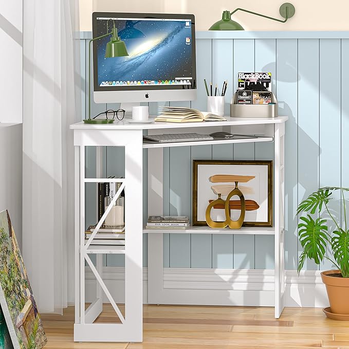 VECELO Corner Computer Desk 41x30 inch with Charging Station &amp Keyboard &amp Storage Shelves for Small SpaceTriangle Table for Home Office BedroomWhite