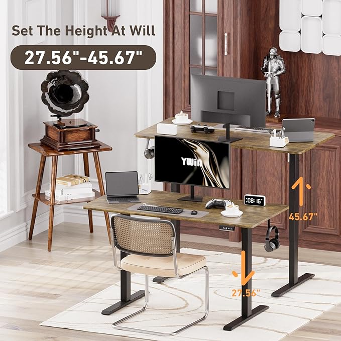 Ywin Electric Height Adjustable Standing Desk with Wheels 63 x 24 inches Ergonomic Stand Up Desk for Home Office