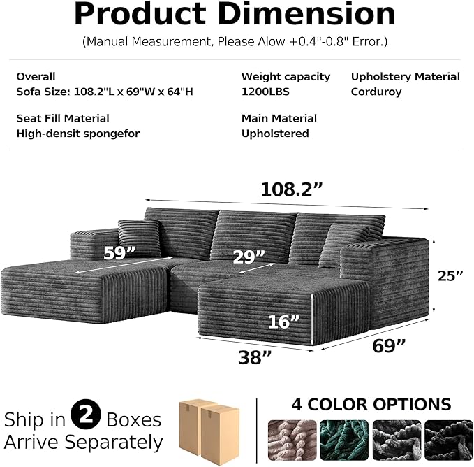 MoonSpeak 106 Sectional Boneless Couch for Living RoomModern Modular Cloud Couch with Deep SeatUpholstered Sleeper Sofa with 2 OttomanConvertible Folding CouchesNo Assembly (Gray)