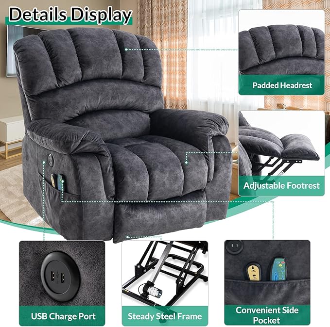 VIVIJASON Large Power Lift Chair Electric Recliner Chair with Heat &amp Massage for Elderly Big People Overstuffed Wide Electric Recliner with 2 Remote Controls Side Pockets &amp USB Ports Dark G