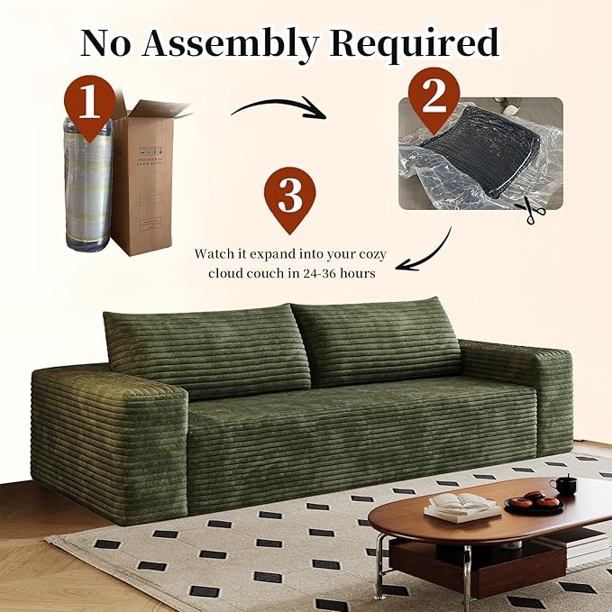 71 Cloud Loveseat Boneless Sofa Couch in a Box Green 3 Seater Foam Compression for Small CouchesApartmentLiving Room Bedroom Meeting Room ApartmentDorm No Assembly Required