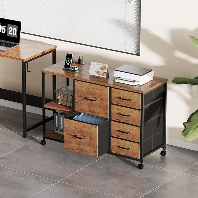 6 Drawer File Cabinet with Charging Station Rolling Printer Stand with Open Storage Shelf Fabric Lateral Filing Cabinet for Home OfficeRustic Brown2