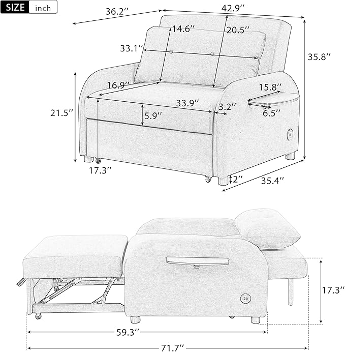 Merax 42.9W 3-in-1 Convertible Sofa Bed Sleeper with Wing Tables &amp USB ChargingCompact Pull Out Bed with 3 Positions(105°/145°/180°) Adjustable Backrest for Small Space Living RoomGuest ReadyB