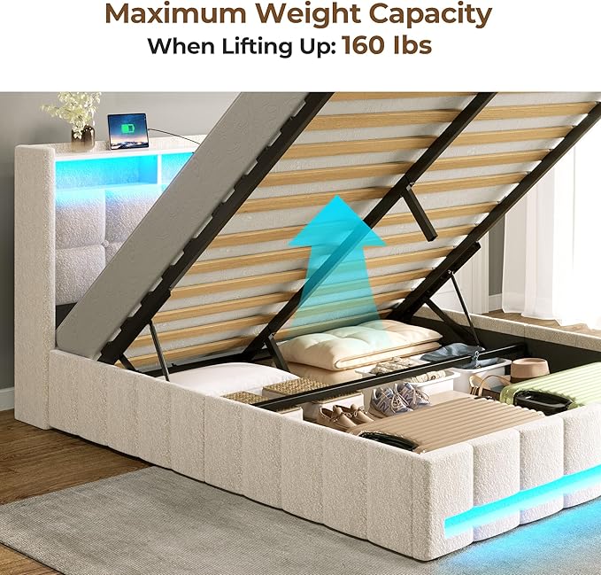 Rolanstar Bed Frame Full Size with Lift Up Storage Charging Station &amp LED Lights Upholstered Storage Headboard Heavy Duty Wooden Slats No Box Spring Needed Noise Free Easy Assembly Beige