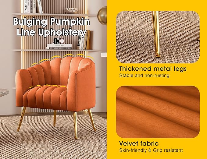 Oversized Pumpkin Couch Accent Chair Modern Comfy Velvet Upholstered Barrel Chairs Luxury Single Sofa Armchair for Living Room Waiting Room Office and Vanity (Orange)