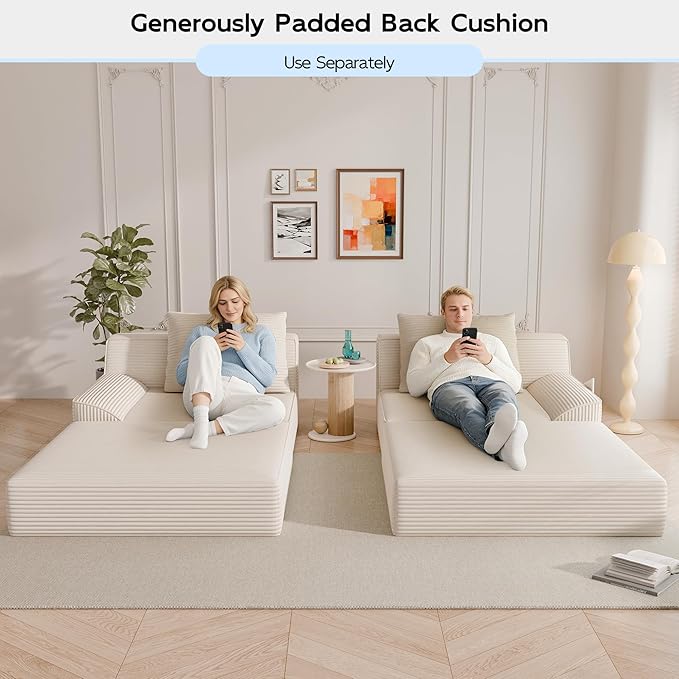 79 Convertible Sofa Bed Upholstered Boneless Couch Loveseat Sleeper with Pull Out Bed Corduroy Futon Couch Floor Folding Sofa Modular Futon Couch for Living Room Bedroom Lounge Beige