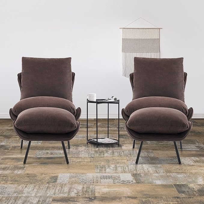 MCombo Modern Accent Chair with Ottoman Leathaire Fabric Armless Chair Upholstered Leisure Chairs for Small Space Living Room &amp Bedroom LW951 (Dark Brown)