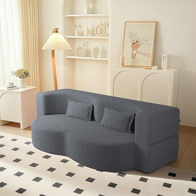 78 Convertible Sofa Bed 2-in-1 Folding Floor Couch with 2 Pillows Sleeper Sofa for Living Room and Bedroom No Assembly Required (Grey Teddy Fabric)