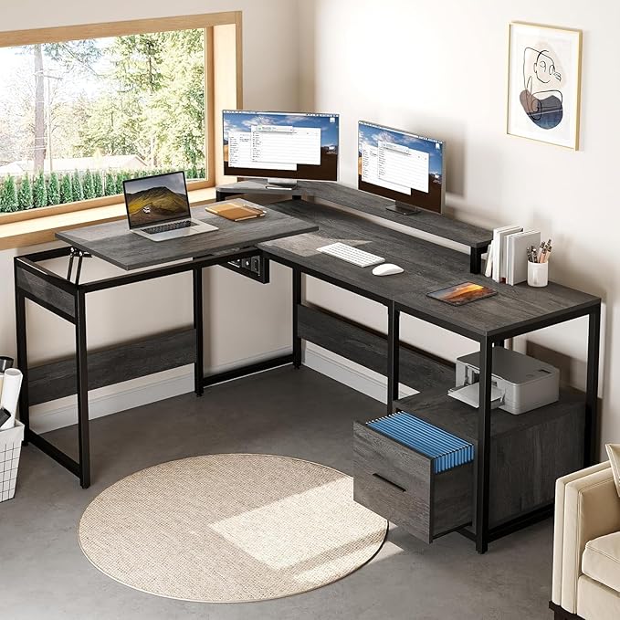 YITAHOME L Shaped Desk with Lift Top 65 Adjustable Standing Desk with File Drawer Corner Computer Desks with Storage Shelves Grey