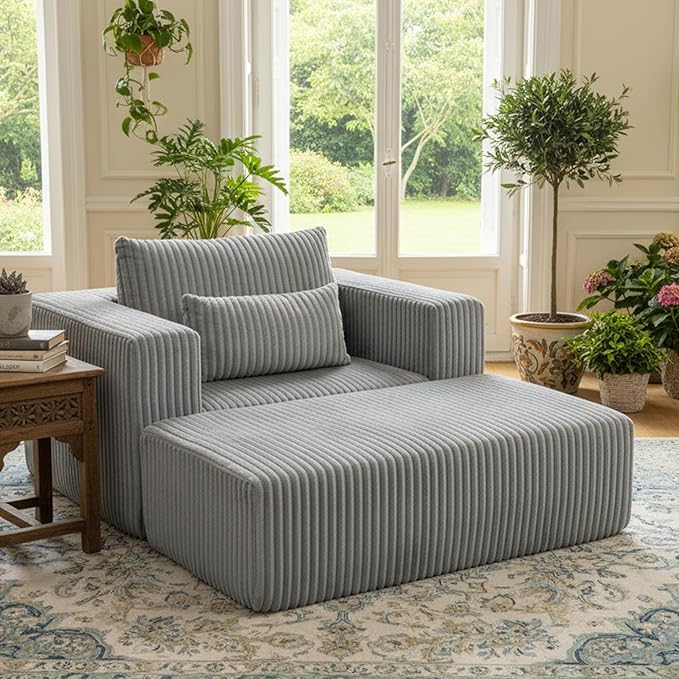 KEIKI Chaise Lounge Chair Indoor with Ottoman 62.6 D Oversized Sleeper Chair Corduroy Upholstered Comfy Sofa for Bedroom Living Room Office Grey