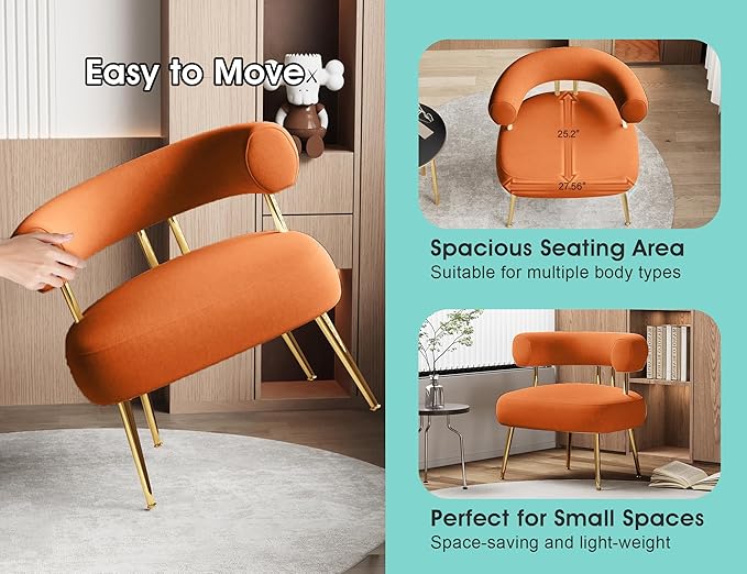 Modern Velvet Accent Chair Round Upholstered Barrel Armchair for Small Spaces Fluffy Side Corner Sofa Chair for Living Room Bedroom Vanity Office Reading Nook(Orange)