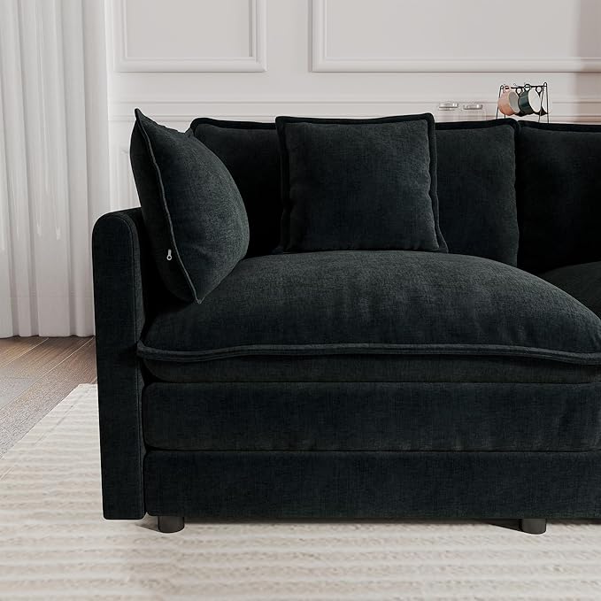 KEIKI 112 U-Shaped Oversized Chenille Modular Cloud Sectional Sofa with 2 Ottoman High-Density Foam Cushion Modern 3-Seater Fluffy Corner Couch with 5 Pillow for Apartment Living Room Black
