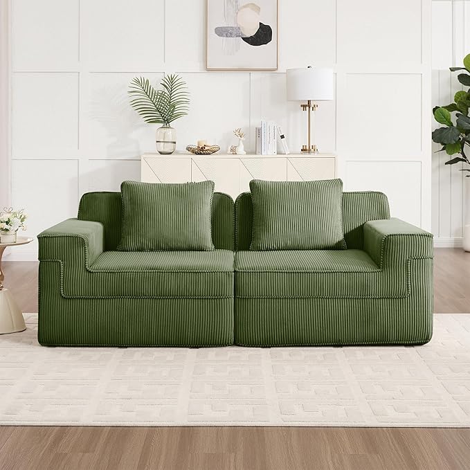 Loveseat Boneless Sofa Couches for Living Room-81 Green 2 Seater Cloud Couch-No Assembly Required Modular Corduroy Full Sponge Compression Sofas for House Apartment