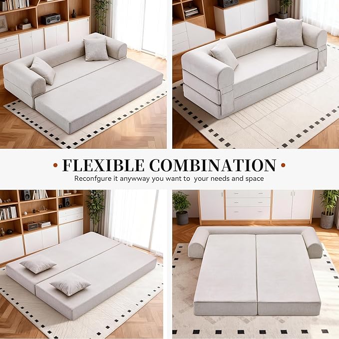4-in-1 Folding Convertible Sofa Bed 78 Inch Faux Leather Boneless Couch Loveseat Sleeper with Pull Out Bed Floor Sofa Modular Futon Teddy Sofa for Living Room Bedroom Lounge Beige
